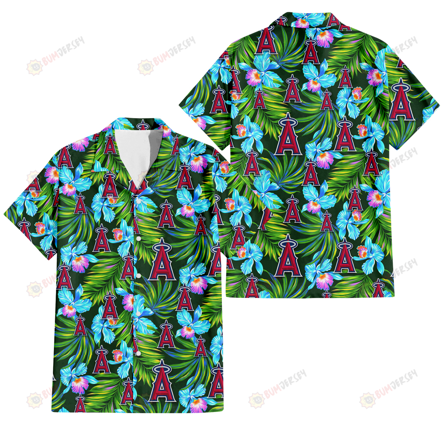 Los Angeles Angels Electro Color Hibiscus Black Background 3D Hawaiian Shirt