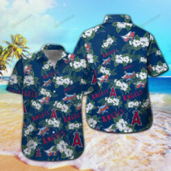 Los Angeles Angels Floral & Leaf Pattern Curved Hawaiian Shirt In Blue