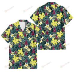 Los Angeles Angels Hibiscus Green Palm Leaf Black Background 3D Hawaiian Shirt