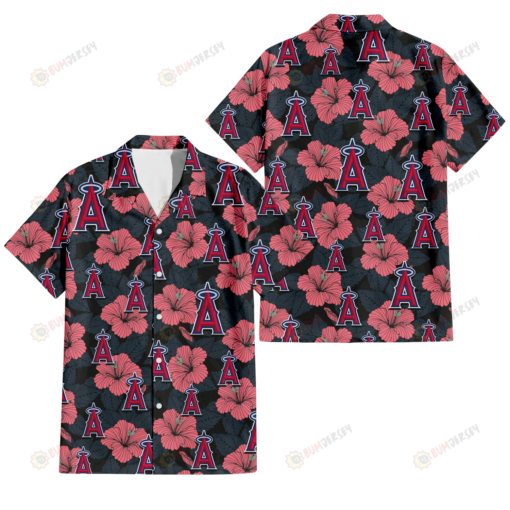Los Angeles Angels Light Coral Hibiscus Gray Leaf Black Background 3D Hawaiian Shirt
