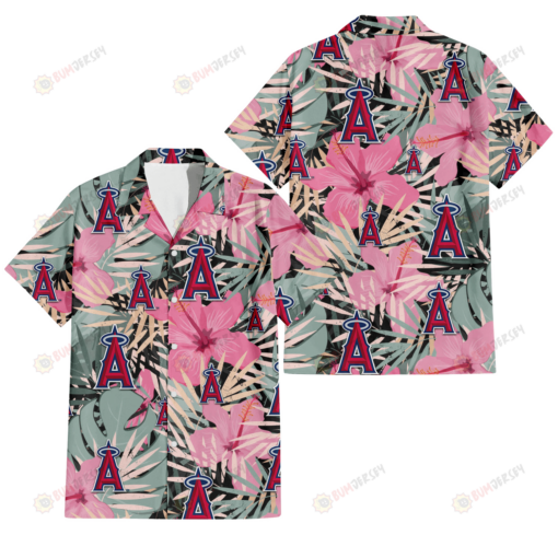 Los Angeles Angels Light Pink Hibiscus Pale Green Leaf Black Background 3D Hawaiian Shirt