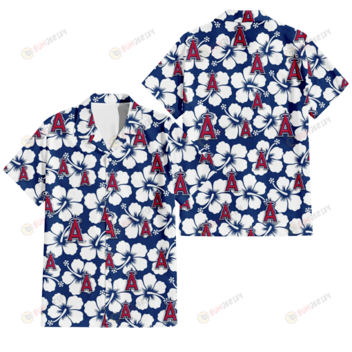 Los Angeles Angels Modern White Hibiscus Navy Background 3D Hawaiian Shirt