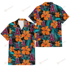 Los Angeles Angels Orange Hibiscus Blue Gray Leaf Black Background 3D Hawaiian Shirt