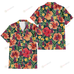 Los Angeles Angels Orange Red Hibiscus Green Leaf Dark Background 3D Hawaiian Shirt