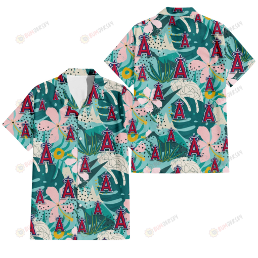 Los Angeles Angels Pastel Hibiscus Palm Leaf Tiny Dot Green Background 3D Hawaiian Shirt