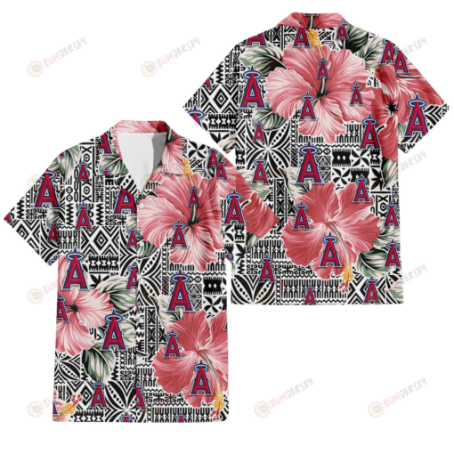 Los Angeles Angels Pink Hibiscus Black Pattern White Background 3D Hawaiian Shirt