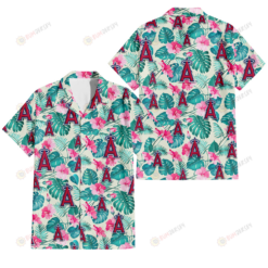 Los Angeles Angels Pink Hibiscus Green Leaf Beige Background 3D Hawaiian Shirt