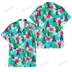 Los Angeles Angels Pink Hibiscus Green Leaf Blue Background 3D Hawaiian Shirt