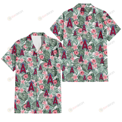 Los Angeles Angels Pink Hibiscus Porcelain Flower Tropical Leaf White Background 3D Hawaiian Shirt