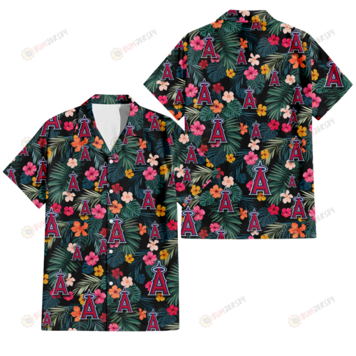 Los Angeles Angels Pink Yellow Orange Hibiscus Big Tropical Leaf Black Background 3D Hawaiian Shirt