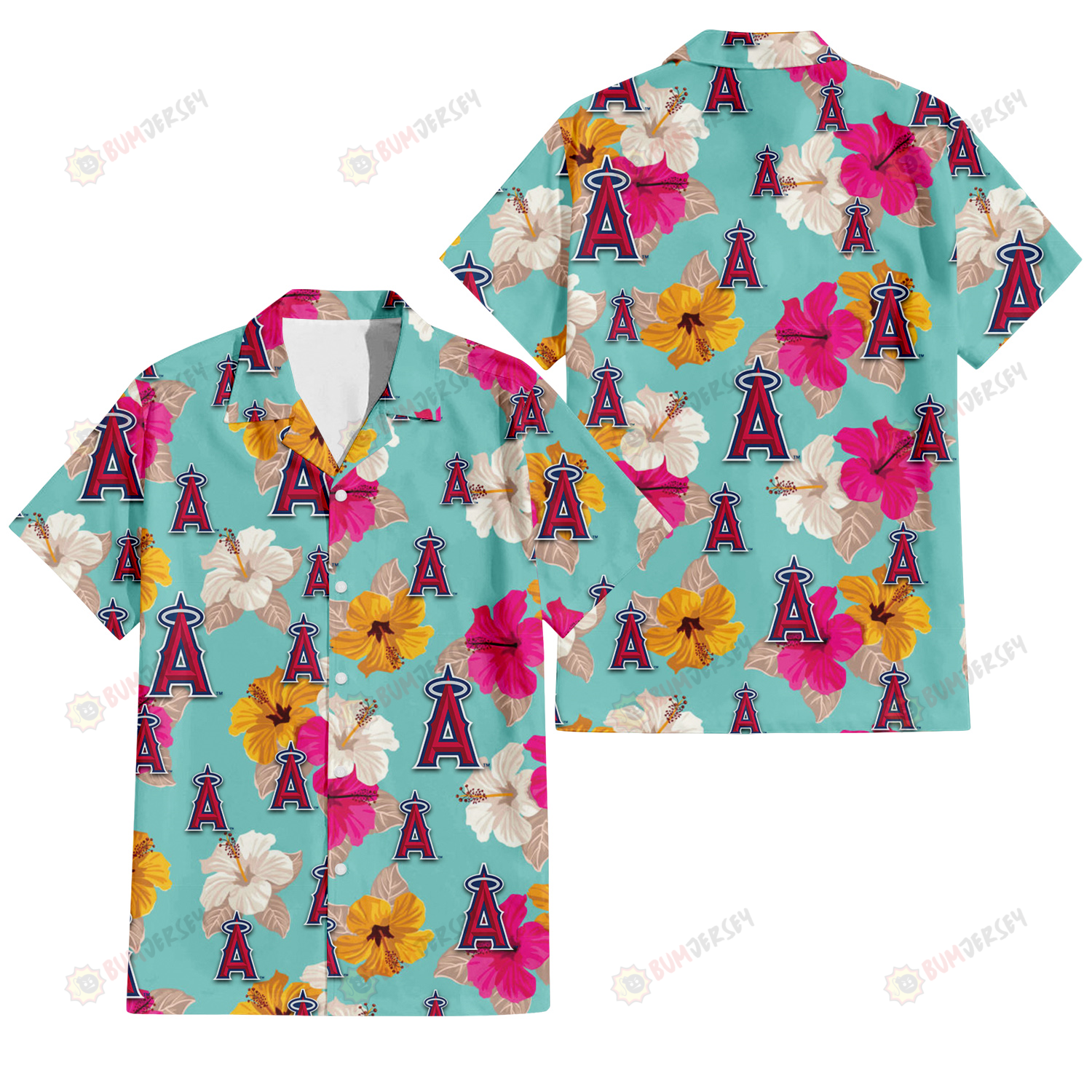 Los Angeles Angels Pink Yellow White Hibiscus Turquoise Background 3D Hawaiian Shirt