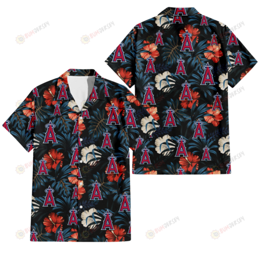 Los Angeles Angels Red And White Hibiscus Dark Leaf Black Background 3D Hawaiian Shirt