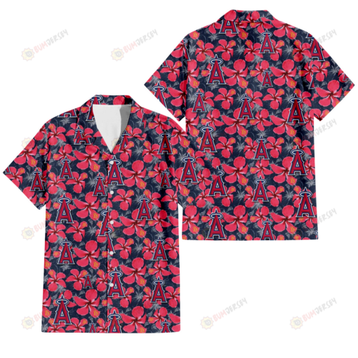 Los Angeles Angels Red Hibiscus Dark Gray Background 3D Hawaiian Shirt