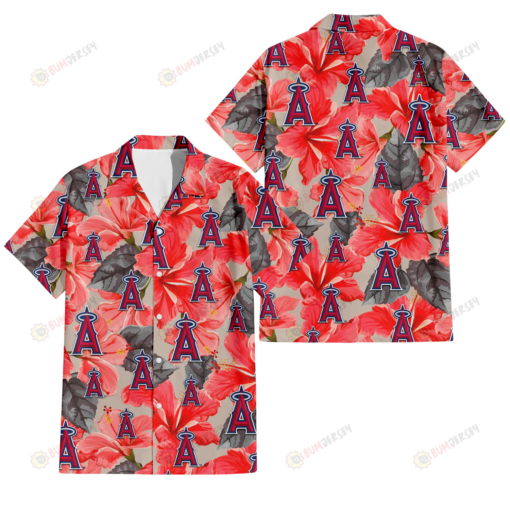 Los Angeles Angels Red Hibiscus Gray Leaf Beige Background 3D Hawaiian Shirt