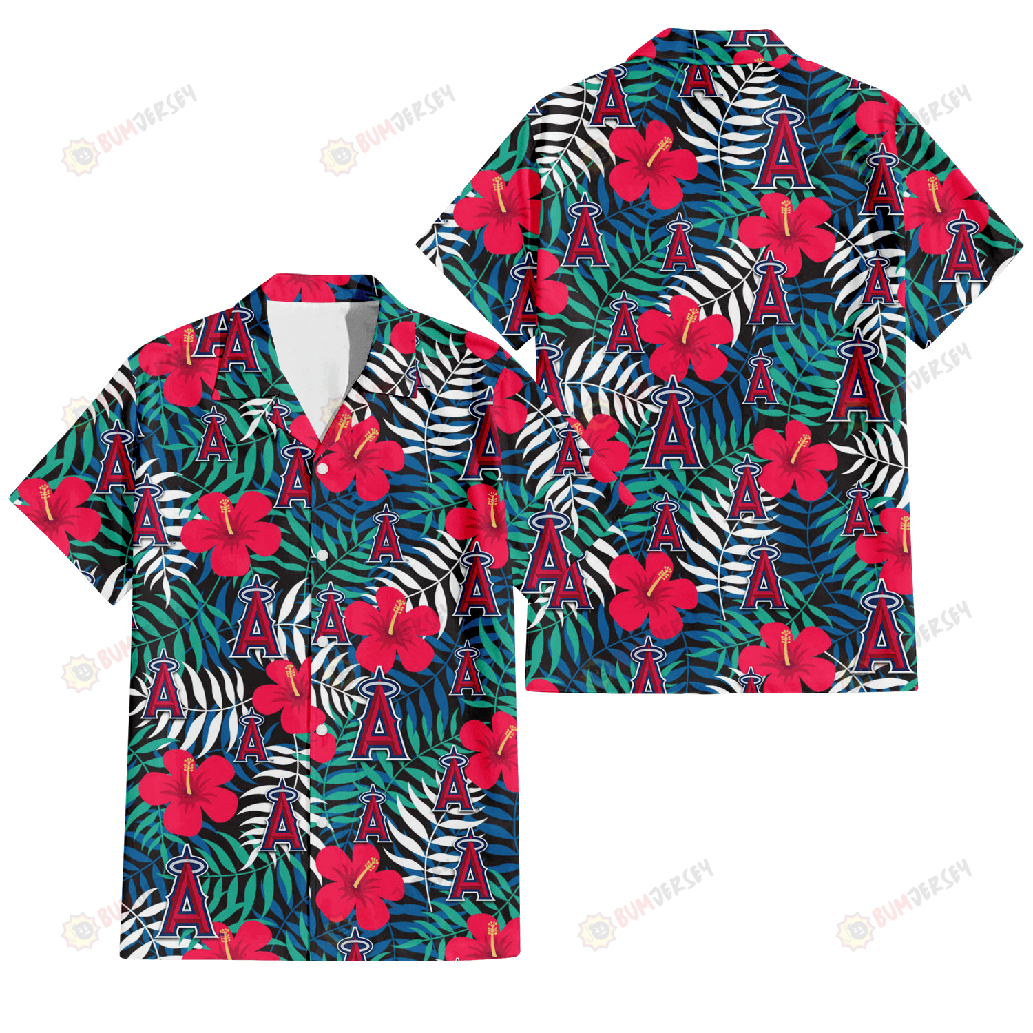 Los Angeles Angels Red Hibiscus Green Blue White Leaf Black Background 3D Hawaiian Shirt