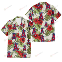 Los Angeles Angels Red Hibiscus Green Tropical Leaf Cream Background 3D Hawaiian Shirt