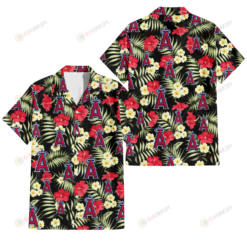 Los Angeles Angels Red Hibiscus Yellow Porcelain Flower Black Background 3D Hawaiian Shirt