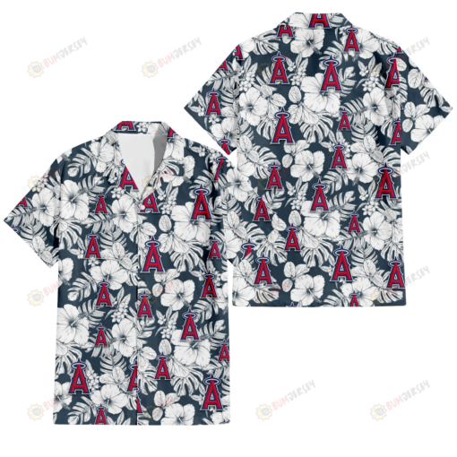 Los Angeles Angels Sketch Hibiscus Leaf Dark Gray Background 3D Hawaiian Shirt