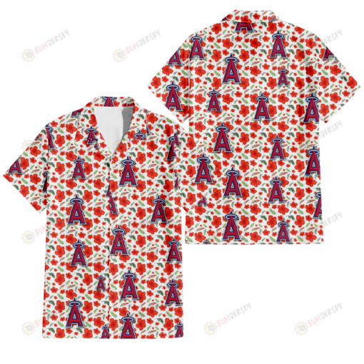 Los Angeles Angels Tiny Red Hibiscus Green Leaf White Cube Background 3D Hawaiian Shirt