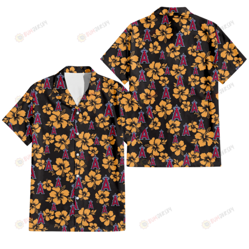 Los Angeles Angels Tiny Yellow Hibiscus Black Background 3D Hawaiian Shirt