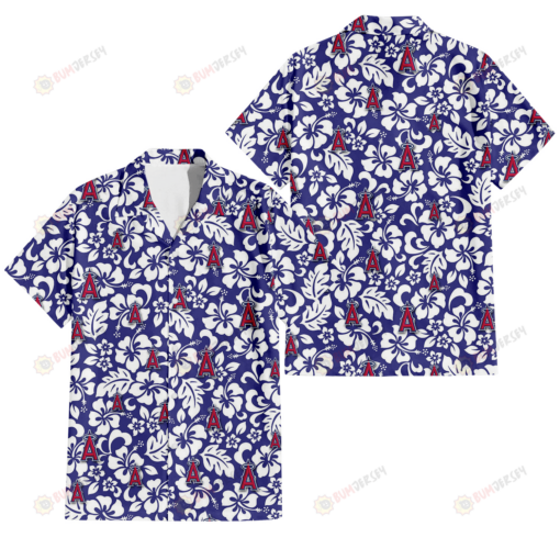 Los Angeles Angels White Hibiscus Pattern Slate Blue Background 3D Hawaiian Shirt