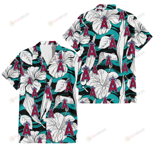Los Angeles Angels White Hibiscus Turquoise Wave Black Background 3D Hawaiian Shirt