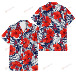 Los Angeles Angels White Tropical Leaf Red Hibiscus Navy Background 3D Hawaiian Shirt