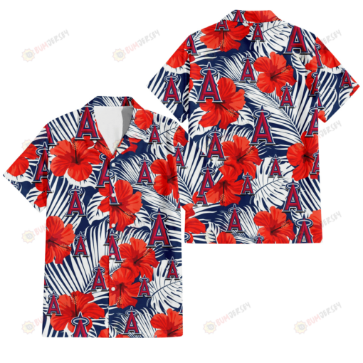 Los Angeles Angels White Tropical Leaf Red Hibiscus Navy Background 3D Hawaiian Shirt