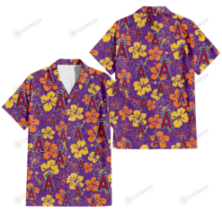 Los Angeles Angels Yellow And Orange Hibiscus Purple Background 3D Hawaiian Shirt