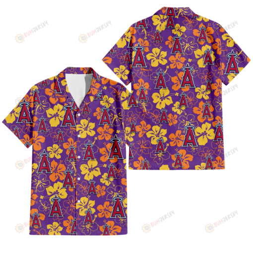 Los Angeles Angels Yellow And Orange Hibiscus Purple Background 3D Hawaiian Shirt