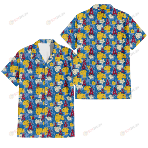 Los Angeles Angels Yellow White Hibiscus Powder Blue Background 3D Hawaiian Shirt