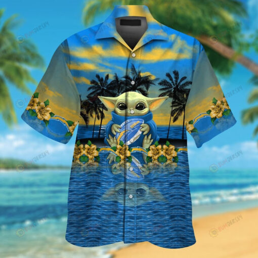 Los Angeles Chargers And Baby Yoda Blue Short Sleeve Button Up Aloha 3D Printed Hawaiian Shirt