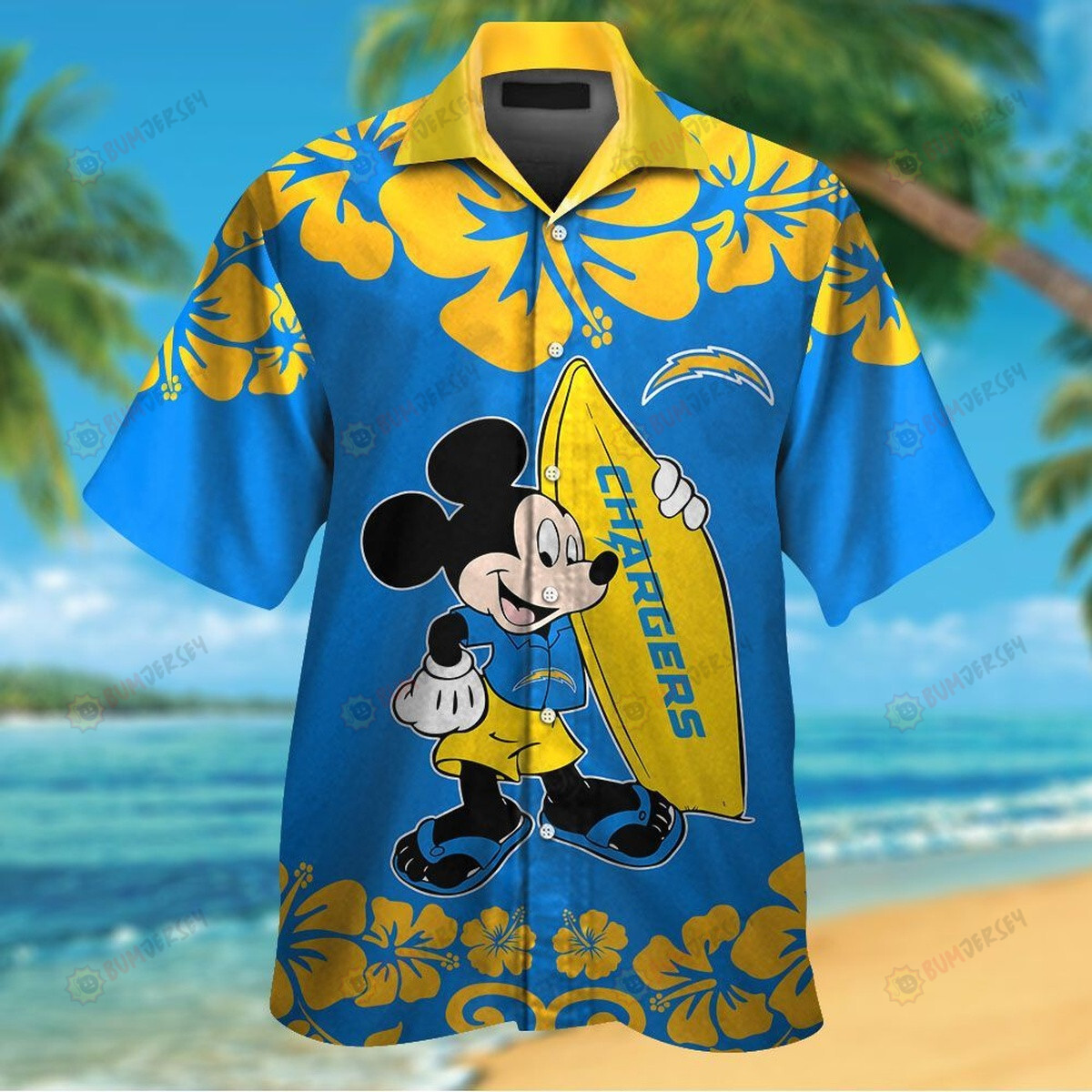 Los Angeles Chargers And Mickey Blue and Yellow Short Sleeve Button Up 3D Printed Hawaiian Shirt