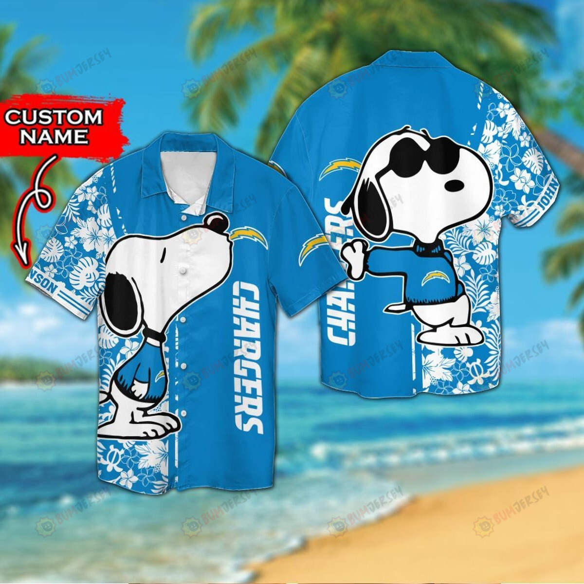 Los Angeles Chargers And Snoopy Custom Name Blue Button Up 3D Printed Hawaiian Shirt