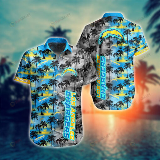 Los Angeles Chargers Coconut Tree Pattern Curved Hawaiian Shirt In Blue & Black