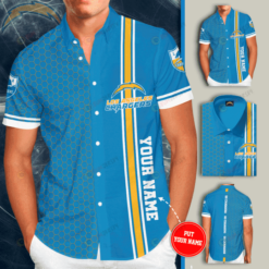 Los Angeles Chargers Custom Name Curved Hawaiian Shirt In Blue