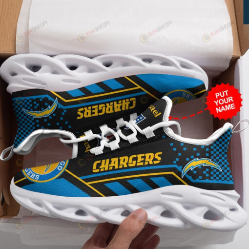 Los Angeles Chargers Custom Name Logo Pattern 3D Max Soul Sneaker Shoes In Blue And Yellow