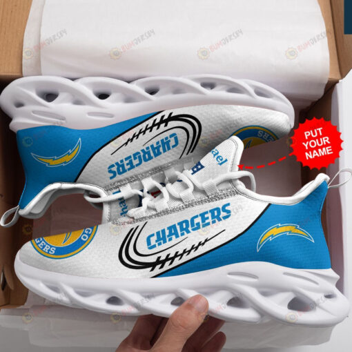 Los Angeles Chargers Logo Pattern Custom Name 3D Max Soul Sneaker Shoes In Blue And White