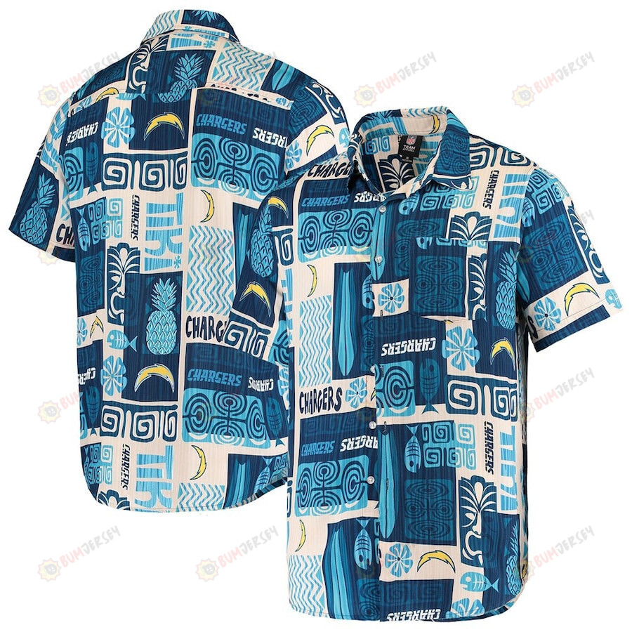 Los Angeles Chargers Navy/Tan Tiki Floral Button-Up Woven Hawaiian Shirt