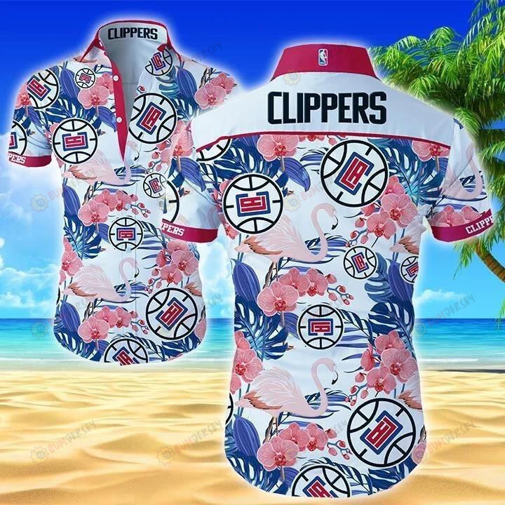 Los Angeles Clippers Floral Flamingoes Curved Hawaiian Shirt