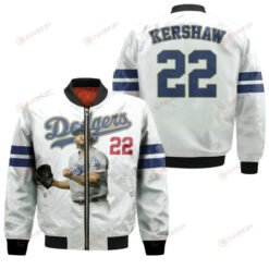Los Angeles Dodgers Clayton Kershaw 22 Championship White For Dodgers Fans Bomber Jacket 3D Printed