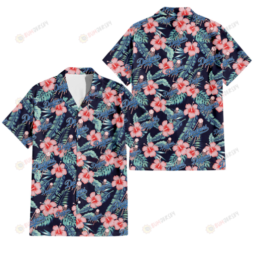 Los Angeles Dodgers Coral Hibiscus Green Banana Leaf Black Background 3D Hawaiian Shirt