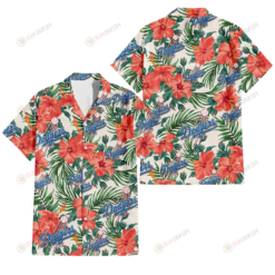 Los Angeles Dodgers Coral Hibiscus Green Leaf Beige Background 3D Hawaiian Shirt