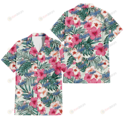 Los Angeles Dodgers Coral Pink Hibiscus Green Leaf Beige Background 3D Hawaiian Shirt
