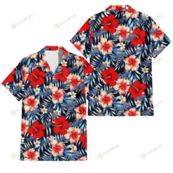 Los Angeles Dodgers Coral Red Hibiscus Blue Palm Leaf Black Background 3D Hawaiian Shirt