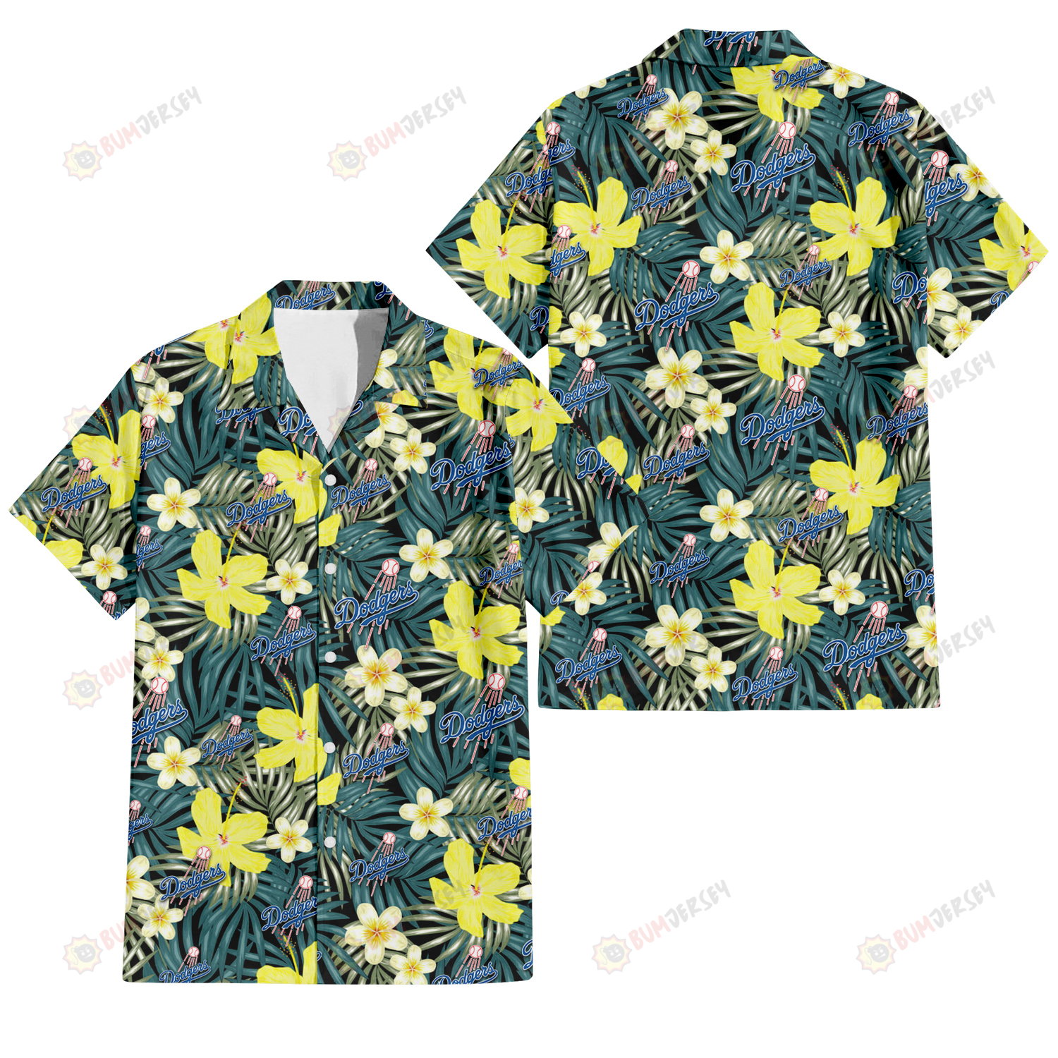 Los Angeles Dodgers Hibiscus Green Palm Leaf Black Background 3D Hawaiian Shirt