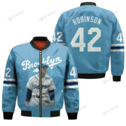 Los Angeles Dodgers Jackie Robinson 42 Brooklyn Alternate Player Light Blue For Dodgers Fans Bomber Jacket 3D Printed