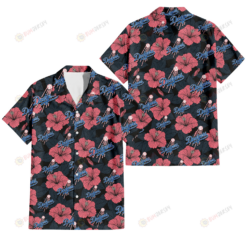 Los Angeles Dodgers Light Coral Hibiscus Gray Leaf Black Background 3D Hawaiian Shirt