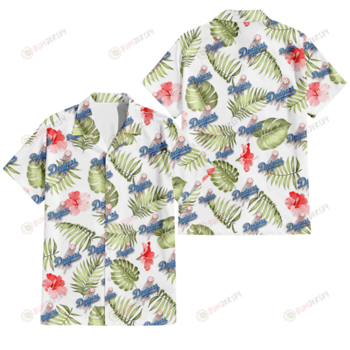 Los Angeles Dodgers Light Salmon Hibiscus Green Leaf White Background 3D Hawaiian Shirt