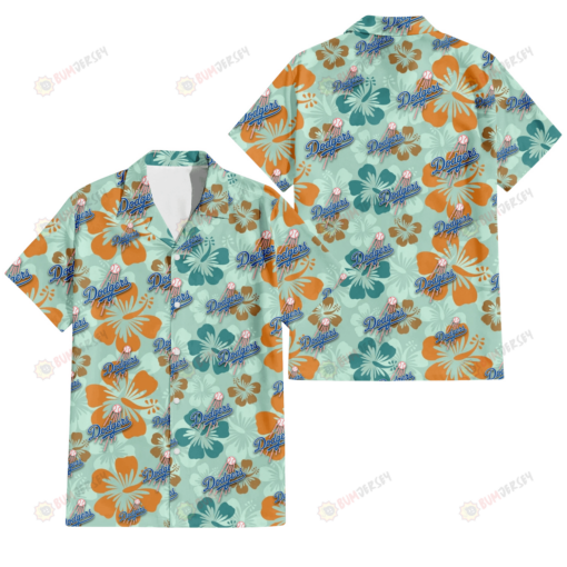 Los Angeles Dodgers Orange Green Hibiscus Pale Green Background 3D Hawaiian Shirt